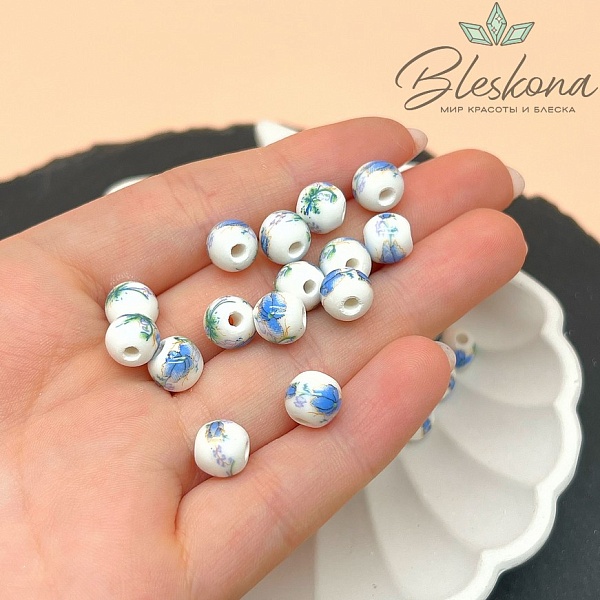 8 мм Керамика Бусина роспись гжель №9 (штучно)
