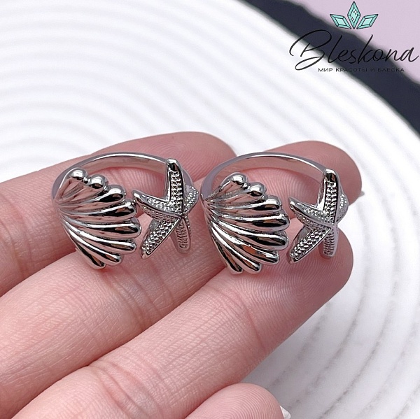 22,5 мм Цвет серебро, Кольцо безразмерное ракушка и морская звезда 