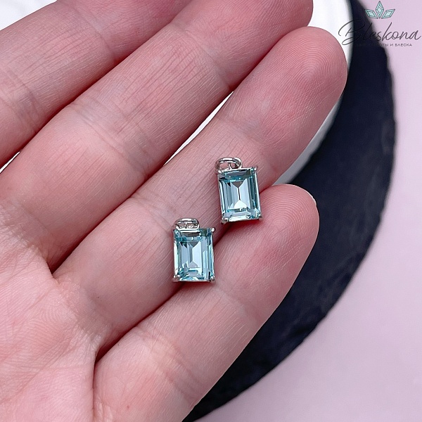 8*5 мм, Цвет серебро, Подвеска прямоугольник голубой циркон