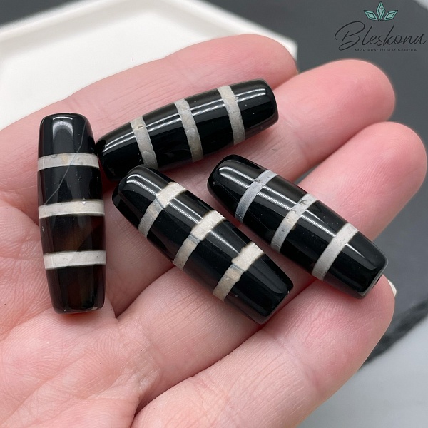 Бусина Дзи Полосатая черно-белый бочонок 30*11 мм