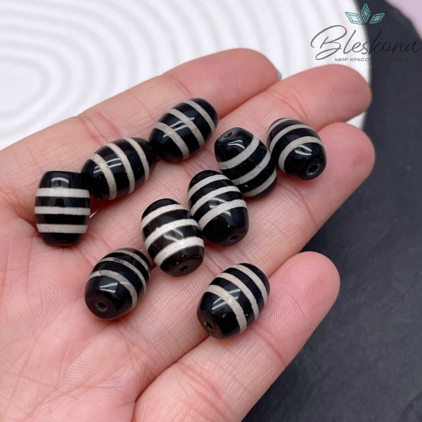 Бусина Дзи Полосатая черно-белый бочонок 10*14 мм