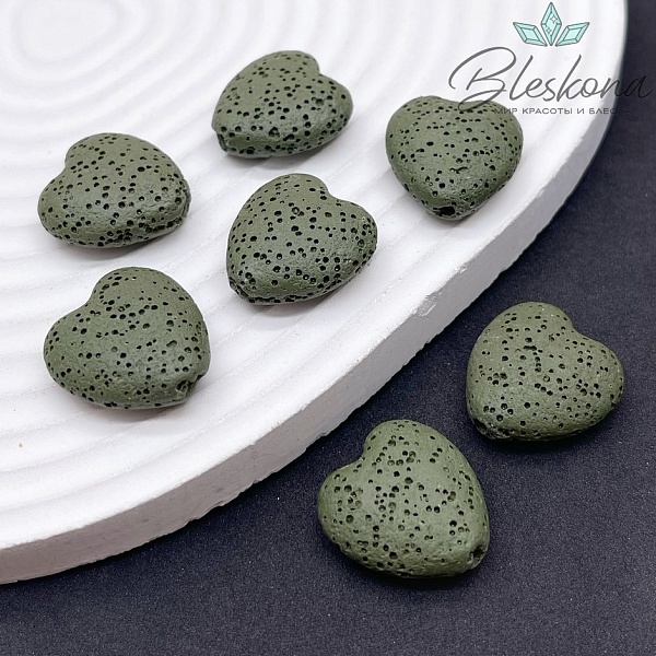 Бусина сердце Лава Вулканическая темно- зеленое 20*19 мм