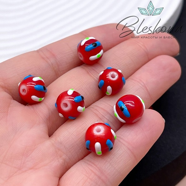 10 мм Бусина шар красный полоски