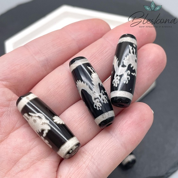 Бусина Дзи Дракон черно-белый бочонок 30*11 мм