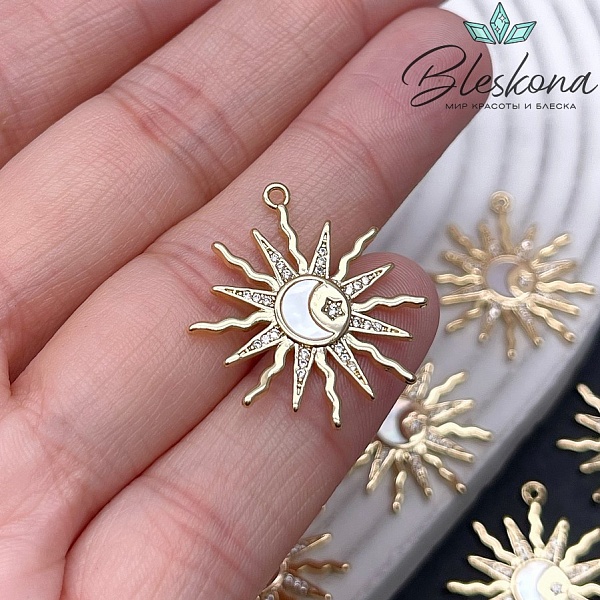 26*24 мм Цвет золото, Подвеска солнце полумесяц звезда с перламутром и цирконами