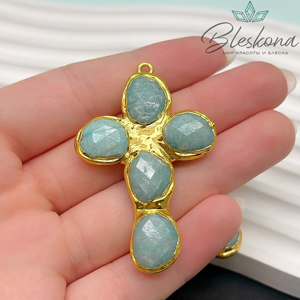 52*35 мм Цвет золото, Подвеска крест Амазонит в обрамлении