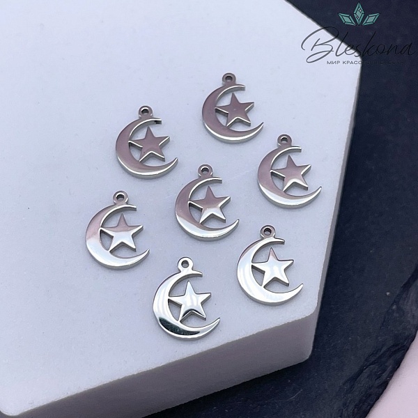 12*8,5 мм Цвет серебро, Подвеска Полумесяц со звездой