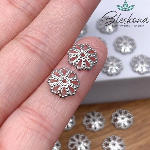 Шапочка цветок, цвет серебро 10мм