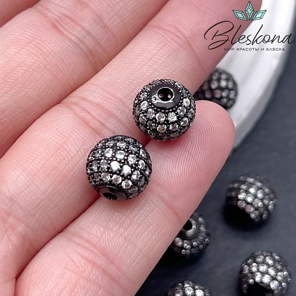 10 мм Бусина с цирконами, цвет черый