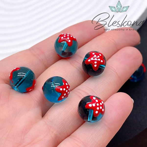 11 мм Бусина шар синий красная звезда
