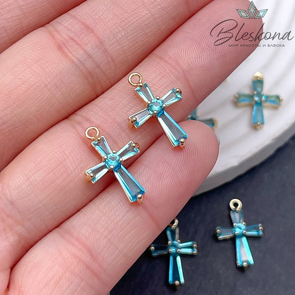 16,3*12 мм Цвет золото Крест голубые цирконы 