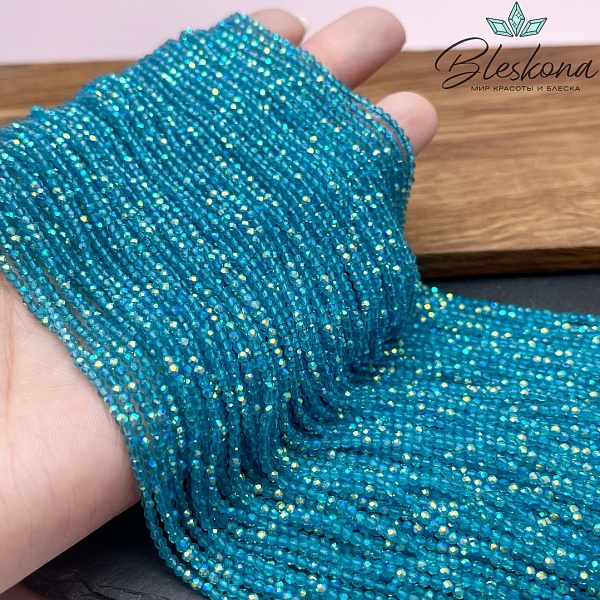 2 мм Бусины стекло темно-бирюзовое с переливом алмазная огранка
