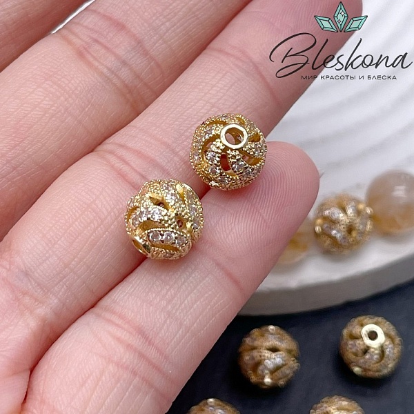 10 мм Цвет золото, Бусина шар узор цирконы
