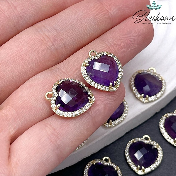 16*18мм ,цвет золото, Подвеска Сердце в обрамлении Аметист огранка цирконы