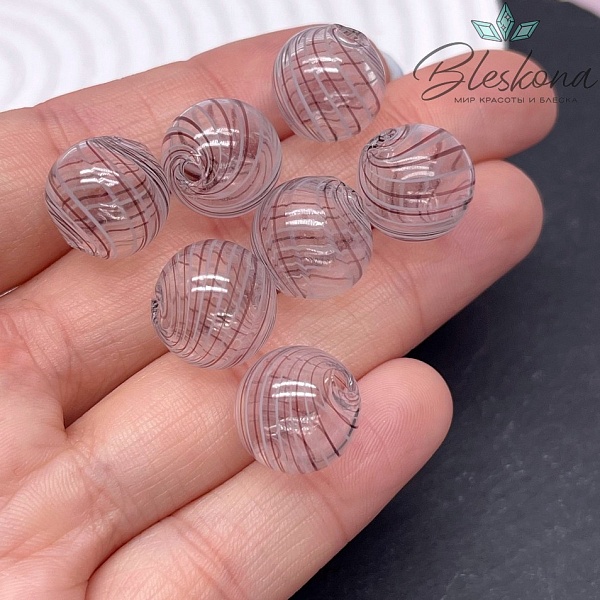 14 мм Бусина шар стекло прозрачное бело-коричневые полосы