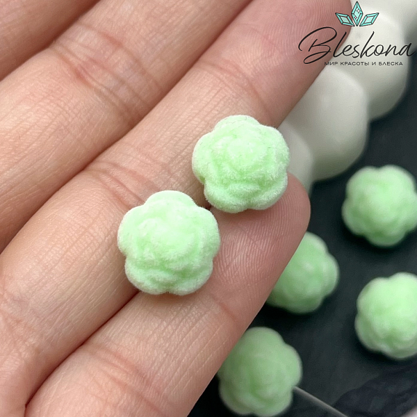 12мм Бархатная бусина Цветок - Роза, Цвет светло-зеленый