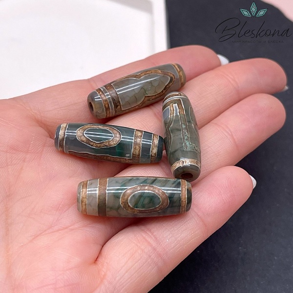 Бусина Дзи 1 глаз и гора зелено-коричневый бочонок 30*11 мм