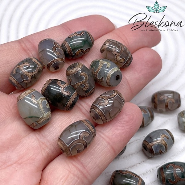 Бусина Дзи Зеленая тара зелено-коричневый бочонок 10*14 мм