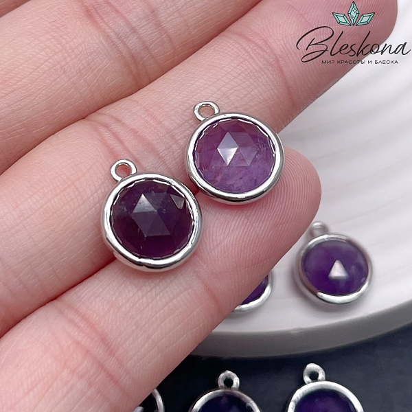 11,5мм, цвет серебро ,Подвеска круг мини Аметист огранка