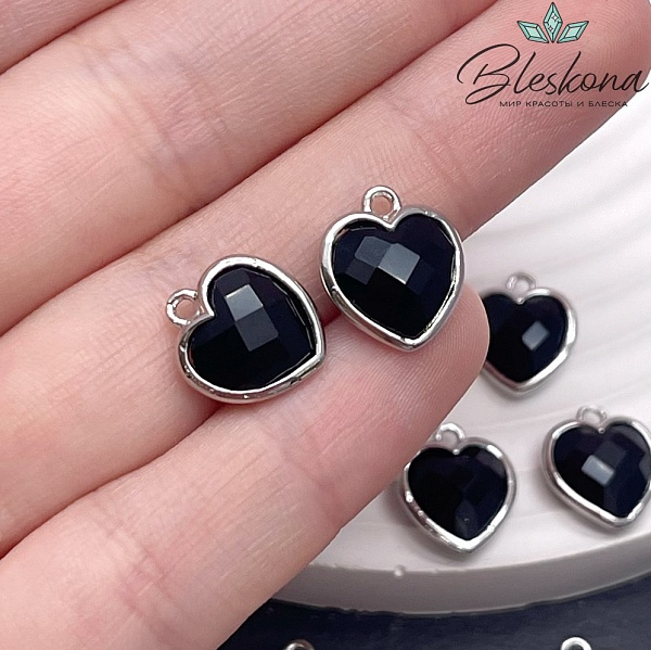 12*13мм,Цвет серебро,Подвеска Сердце черный агат огранка
