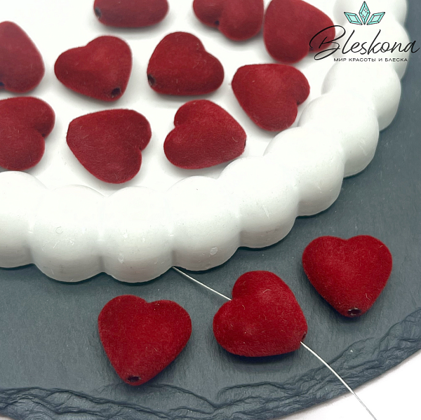 17мм Бархатная бусина Сердце, Цвет бордо