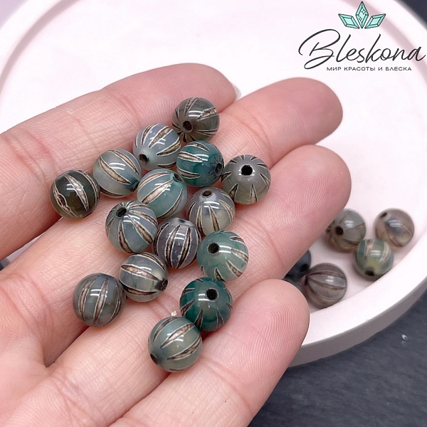 Бусина Дзи полосы зелено-коричневый шар 8 мм уп.15 шт.