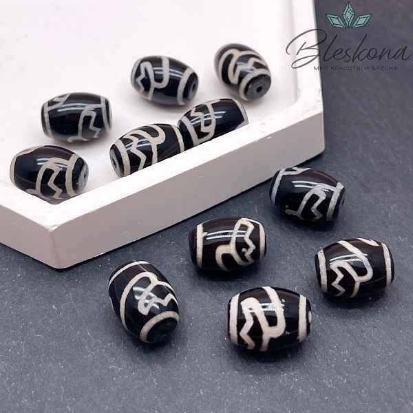 Бусина Дзи Лотос черно-белый бочонок 10*14 мм