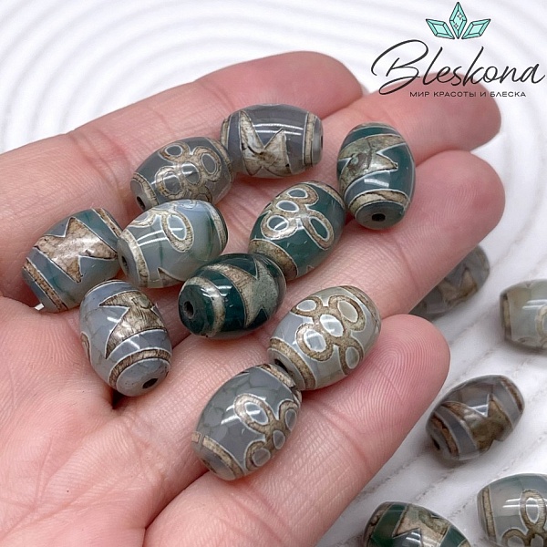Бусина Дзи Молния и мистический узел зелено-коричневый бочонок 10*14 мм