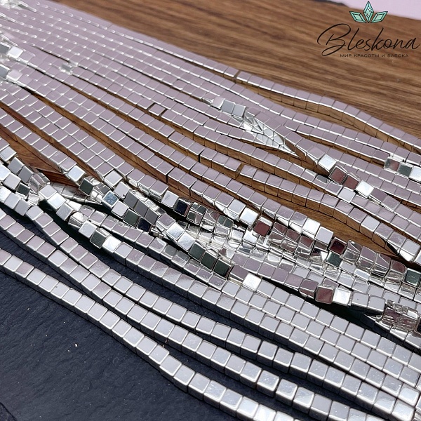 4 мм Гематин имитация, цвет светлое серебро, куб