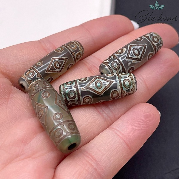 Бусина Дзи 19 глаз зелено-коричневый бочонок 30*11 мм