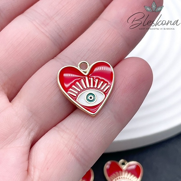 17мм Цвет золото, Подвеска сердце глаз красная эмаль 