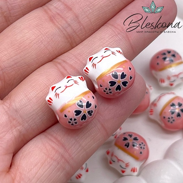 13,5*13 мм Керамика бусина Котик розовый, отверстие поперек