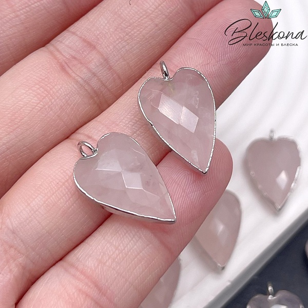 22*13 мм, цвет серебро, Подвеска Сердце Розовый кварц огранка