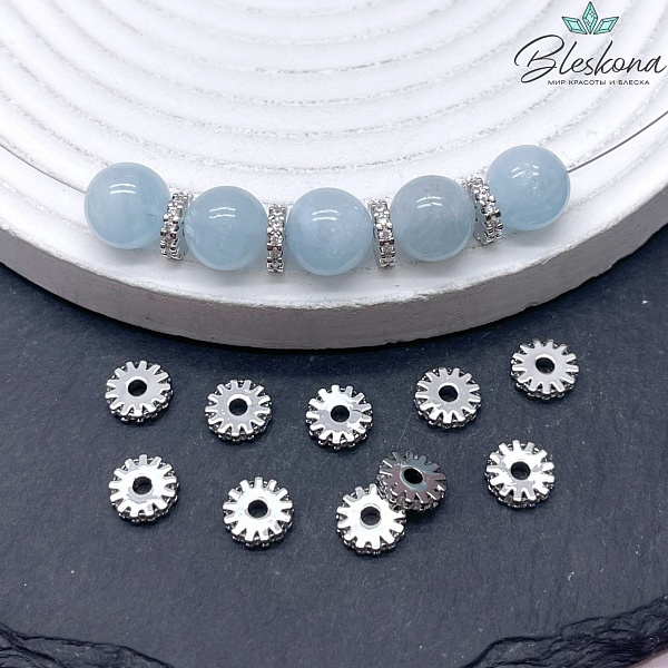 8*2 мм Цвет серебро, Бусина-разделитель с цирконами 