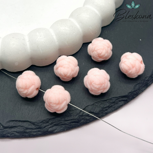 12мм Бархатная бусина Цветок - Роза, Цвет пудровый