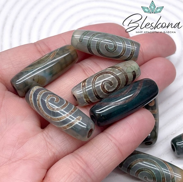 Бусина Дзи Спираль Вселенной зелено-коричневый бочонок 30*11мм