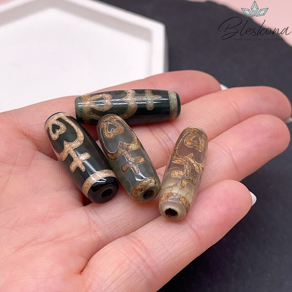 Бусина Дзи Нектарный Сосуд Изобилия зелено-коричневый бочонок 30*11 мм