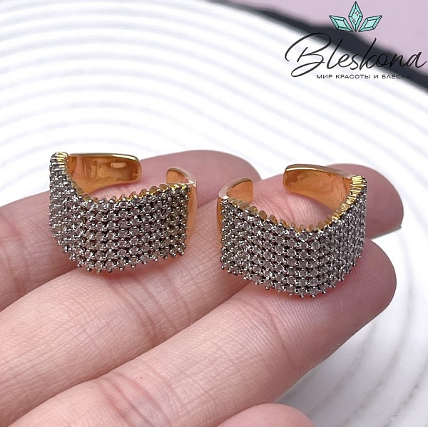 19,5 мм Цвет биколор, Кольцо безразмерное волна с цирконами