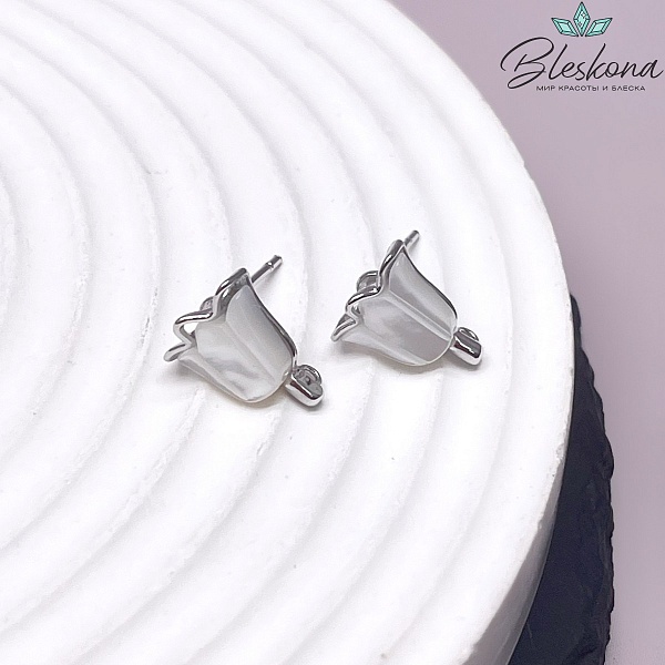 10,6*9 мм Цвет серебро, Пусеты тюльпан перламутр Этно