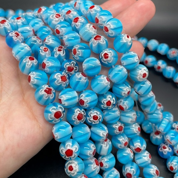 Муранское стекло синее цветы красные 10мм