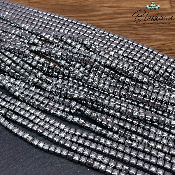 4 мм Гематин имитация, цвет темное серебро, куб мягкие грани