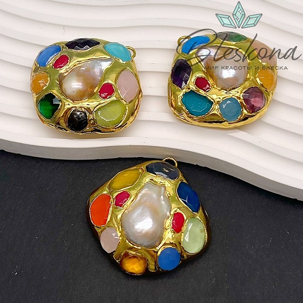 50 мм Цвет золото, Подвеска  Жемчуг с натуральными камнями