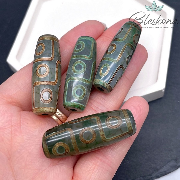 Бусина Дзи 9 глаз зеленый бочонок 40*14 мм