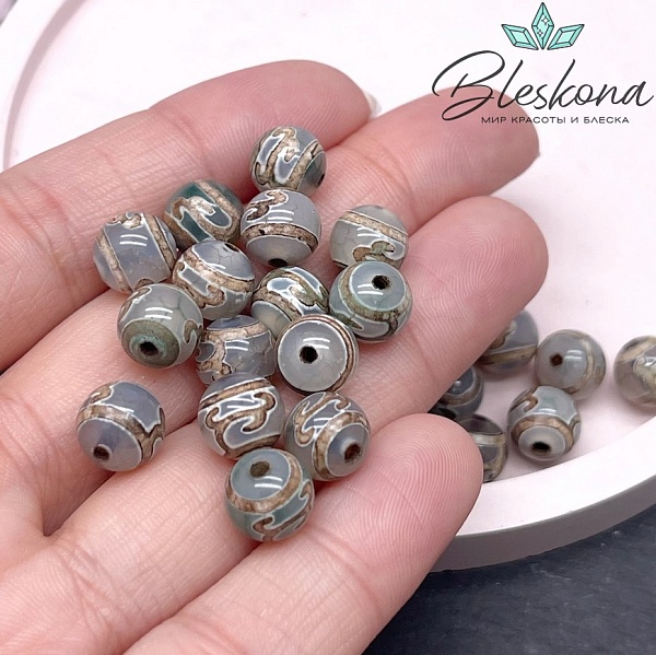 Бусина Дзи Зеленая тара зелено-коричневый шар 8 мм уп.15 шт