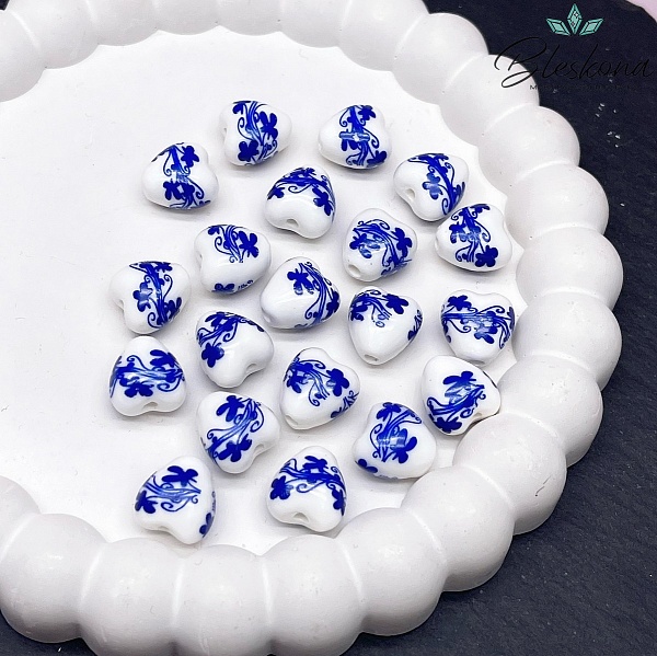 12*12 мм Керамика Бусина сердце роспись гжель №1 (штучно)
