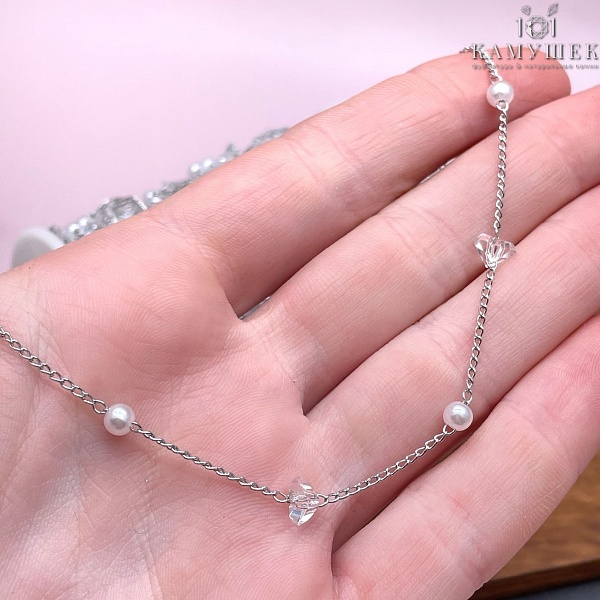 Цепь №273 цвет серебро 2*1,3 мм, имитация жемчуга