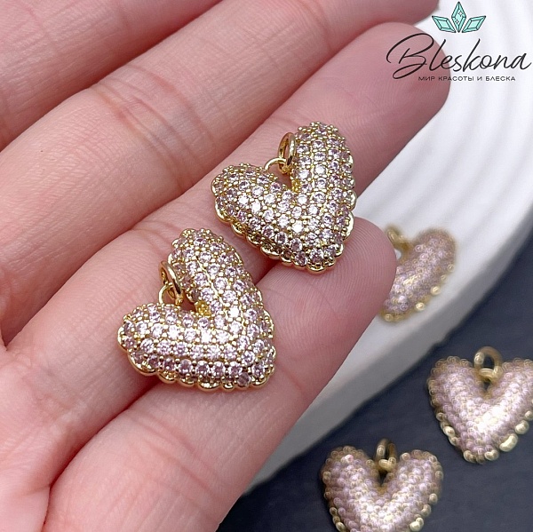 18*17 мм Цвет золото, Подвеска сердце розовые цирконы 