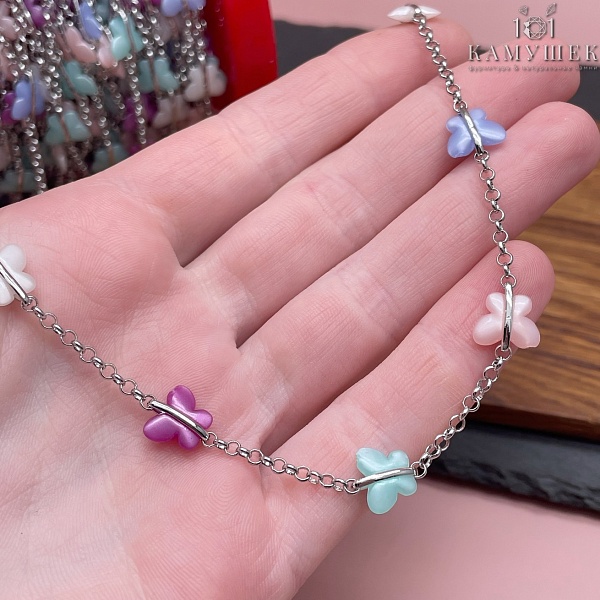 Цепь №170 цвет серебро, бабочки акриловые микс 8*9,5 мм