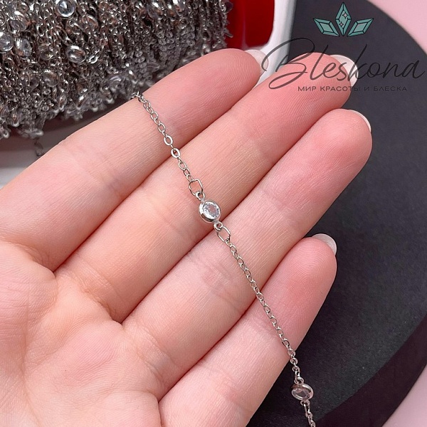 Цепь №200 цвет серебро 1,6*2 мм циркон