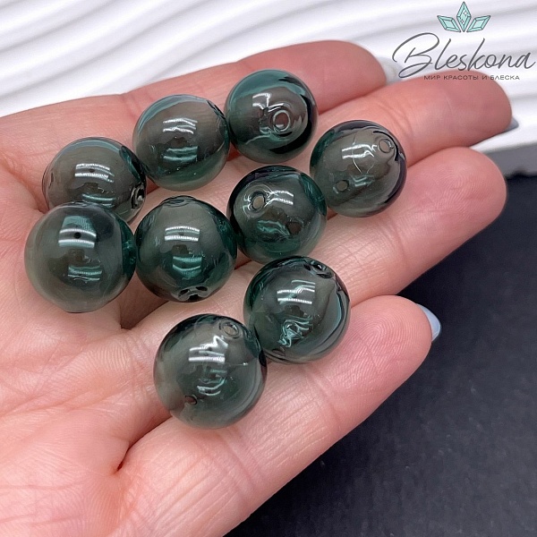 14 мм Бусина шар стекло темно- зеленое